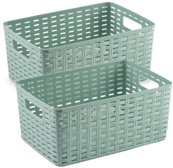 6x stuks rotan gevlochten opbergmand/opbergbox kunststof - Mintgroen - 19 x 29 x 13 cm