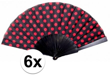 6x stuks Spaanse waaiers zwart met rode stippen