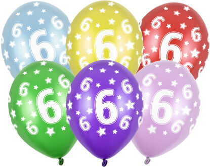 6x stuks verjaardag Ballonnen 6 jaar met sterretjes 30 cm - Ballonnen Multikleur