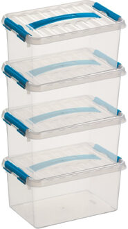 6x Sunware Q-Line opberg boxen/opbergdozen 6 liter 30 x 20 x 14 cm kunststof - Opslagbox - Opbergbak kunststof transparant/blauw