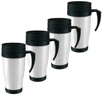 6x Thermosbeker/warmhoudbeker wit/zwart 400 ml - Thermo koffie/thee bekers dubbelwandig met schroefdop