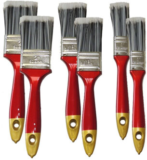 6x Verfkwasten plat synthetisch - Verf/schilder kwasten - met rood houten handvat