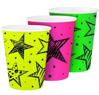 6x Verjaardag bekertjes Neon print - sterren - 250 ml - feestartikelen
