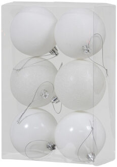 6x Witte kunststof kerstballen 8 cm glans/mat/glitter - Kerstbal