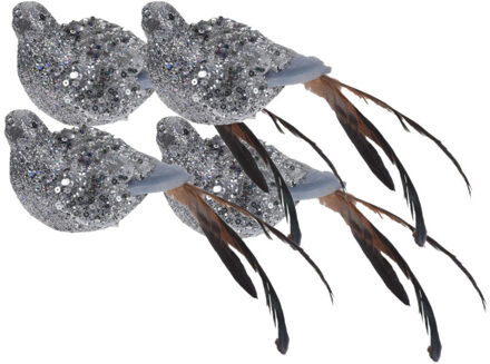 6x Zilveren decoratie vogeltjes/vogels op clip 25 cm