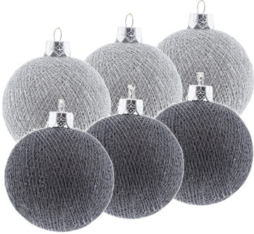 6x Zilveren en grijze kerstballen 6,5 cm Cotton Balls kerstboomversiering - Kerstbal Multikleur