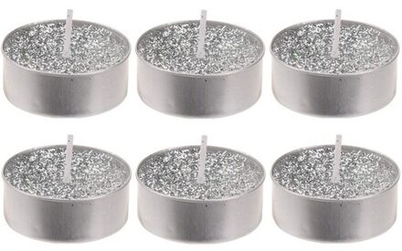 6x Zilveren glitter waxinelichtjes/theelichtjes 6 cm - Waxinelichtjes Zilverkleurig