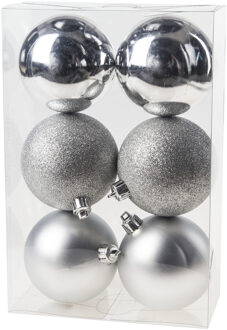 6x Zilveren kerstballen 8 cm kunststof mat/glans/glitter - Kerstbal Zilverkleurig