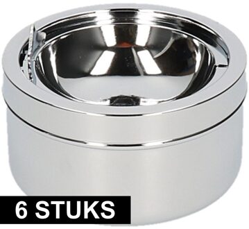 6x Zilveren klepasbakken/terrasasbakken 11 cm - Buiten asbakken - Tafelaccessoires - Tuin artikelen