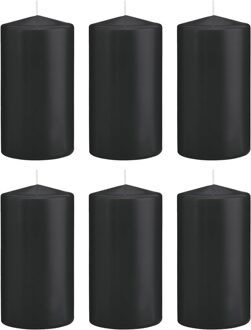 6x Zwarte cilinderkaarsen/stompkaarsen 8 x 15 cm 69 branduren