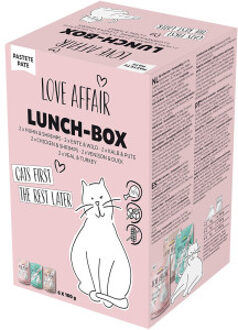 6x100g 3 soorten (kalfsvlees & kalkoen, kip & garnalen, eend & wild) Hardys LOVE AFFAIR Lunchbox natvoer mix pack voor katten