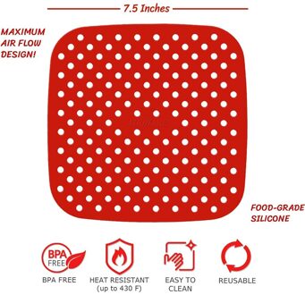 7.5in Vierkante Lucht Friteuse Liners Herbruikbare Siliconen Matten Olie Bakken Vellen Papier Mand Matten Keuken Kookgerei Accessoires Rood