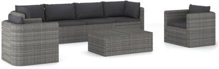 7-delige Loungeset met kussens poly rattan grijs