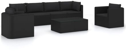 7-delige Loungeset met kussens poly rattan zwart