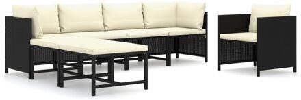 7-delige Loungeset met kussens poly rattan zwart