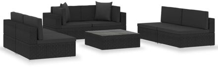 7-delige Loungeset met kussens poly rattan zwart