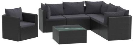 7-delige Loungeset met kussens poly rattan zwart