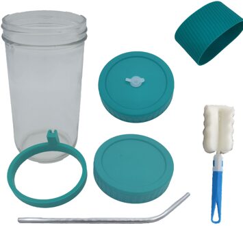 7 In 1 Mason Jar En Deksels Set Anti-Brandwonden Koud Drankje Mason Jar Cup Met Borstel Stro En hanger Ring groen