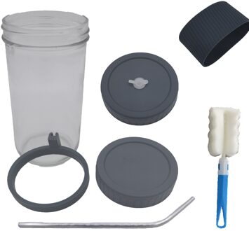 7 In 1 Mason Jar En Deksels Set Anti-Brandwonden Koud Drankje Mason Jar Cup Met Borstel Stro En hanger Ring licht grijs