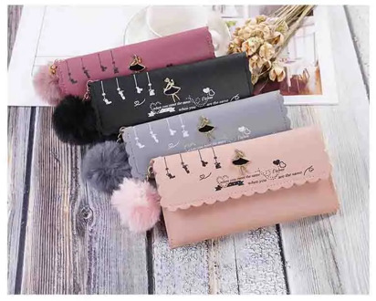 7 Inch Envelope Wallet with Metal Ballet Girl Plush Ball Accessories,Large Capacity Long Wallet,Soft Leather Buckle