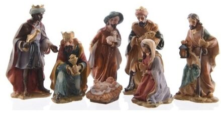 7 kerststal beeldjes van polystone 9 cm - Kerststallen Multikleur