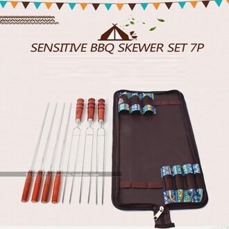 7 Stks/set BBQ Spiesjes Tool Thicken Houten Handvat Outdoors SUS 304 Rvs Verbranden Househould Keukengerei Multifunctionele