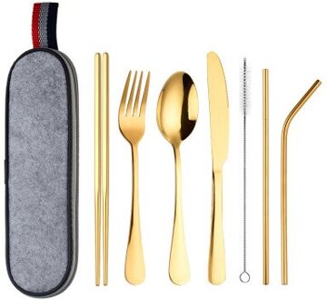 7 Stks/set Servies Herbruikbare Reizen Bestek Set Kamp Gebruiksvoorwerpen Set Met Roestvrij Stalen Lepel Vork Eetstokjes Stro Draagbare Case Goud