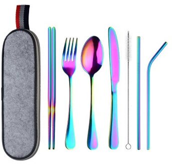 7 Stks/set Servies Herbruikbare Reizen Bestek Set Kamp Gebruiksvoorwerpen Set Met Roestvrij Stalen Lepel Vork Eetstokjes Stro Draagbare Case kleurrijk