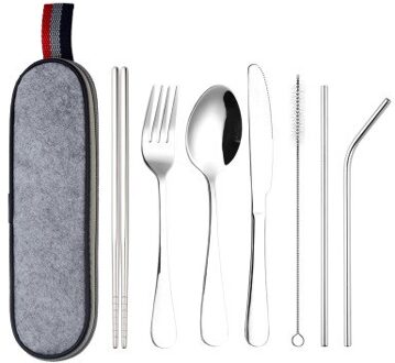7 Stks/set Servies Herbruikbare Reizen Bestek Set Kamp Gebruiksvoorwerpen Set Met Roestvrij Stalen Lepel Vork Eetstokjes Stro Draagbare Case Zilver