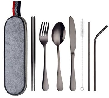 7 Stks/set Servies Herbruikbare Reizen Bestek Set Kamp Gebruiksvoorwerpen Set Met Roestvrij Stalen Lepel Vork Eetstokjes Stro Draagbare Case zwart