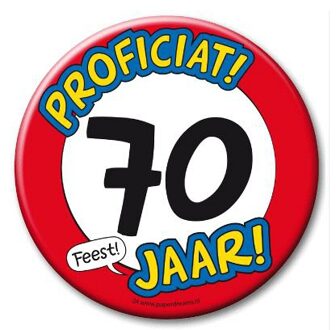 70 jaar geworden cadeau - button met Proficiat tekst - 10cm - stopbord - Fopartikelen Multikleur