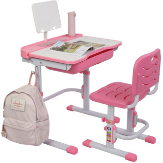 70 x 47 x (82cm-104cm)Kid Study Desk Lifting Table Can Tilt Children Learning Table And Chair Pink With Reading Stand