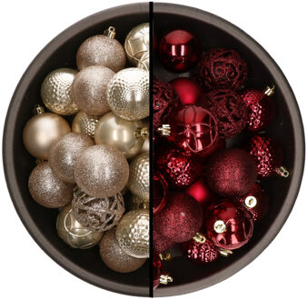 74x stuks kunststof kerstballen mix van champagne en donkerrood 6 cm - Kerstbal Champagnekleurig