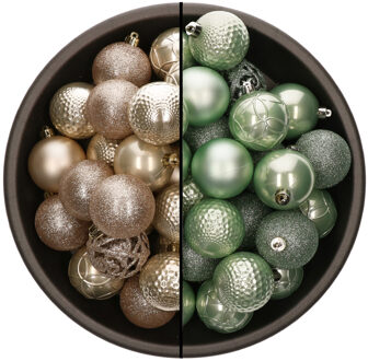 74x stuks kunststof kerstballen mix van champagne en mintgroen 6 cm - Kerstbal Champagnekleurig