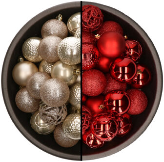 74x stuks kunststof kerstballen mix van champagne en rood 6 cm - Kerstbal Champagnekleurig