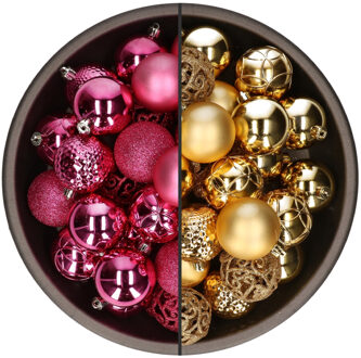 74x stuks kunststof kerstballen mix van goud en fuchsia roze 6 cm - Kerstbal