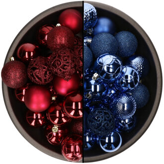 74x stuks kunststof kerstballen mix van kobalt blauw en donkerrood 6 cm - Kerstbal