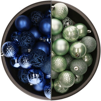 74x stuks kunststof kerstballen mix van mintgroen en kobalt blauw 6 cm - Kerstbal