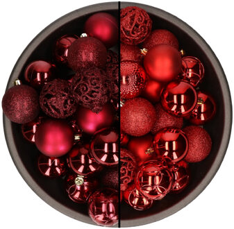 74x stuks kunststof kerstballen mix van rood en donkerrood 6 cm - Kerstbal