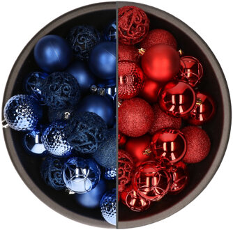 74x stuks kunststof kerstballen mix van rood en kobalt blauw 6 cm - Kerstbal