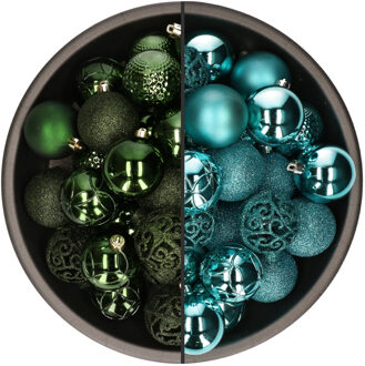 74x stuks kunststof kerstballen mix van turquoise blauw en donkergroen 6 cm - Kerstbal