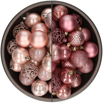 74x stuks kunststof kerstballen mix van velvet roze en lichtroze 6 cm - Kerstbal