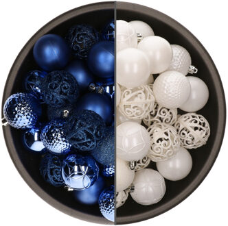 74x stuks kunststof kerstballen mix van wit en kobalt blauw 6 cm - Kerstbal