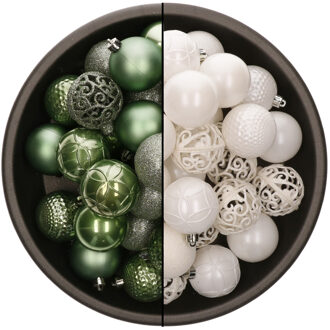 74x stuks kunststof kerstballen mix van wit en salie groen 6 cm - Kerstbal