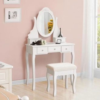 75*40*138CM 5 Drawer Dressing Table With Stool Beauty Rotating Mirror Household European-style Solid Wood Leg Makeup Shelves HWC