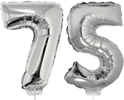 75 jaar leeftijd versiering cijfers - verjaardag - ballonnen op stokje - van 41 cm - zilver