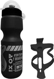 750Ml Mountainbike Fiets Water Drink Fles + Houder Kooi Outdoor Sport Plastic Draagbare Ketel Water Fles Drinkware zwart