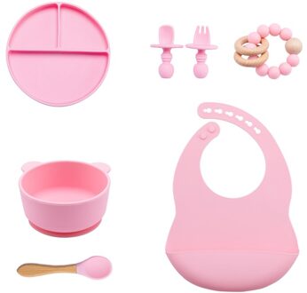 7Pcs Babyvoeding Set Bpa Gratis Food Grade Baby Siliconen Vork Lepel Gerechten Plaat Kom Babyvoeding Levert Kinderen 'S Servies 7stk roze