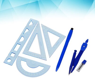 7Pcs Kompassen Set Geometrie Tekening Tool Met Gradenboog Divider Liniaal Potlood Set Vierkante (1 Kompassen, 1 Pen,1 Refill,4 Heersers)