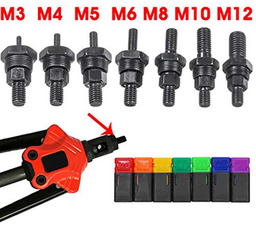 7PCS Metric M3 M4 M5 M6 M8 M10 M12 Rivet Nut Gun Mandrel and Nose Piece Riveter Tip Spare Part